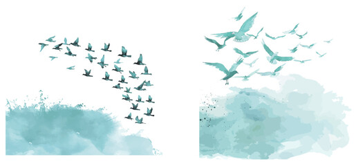 An isolated flock of birds in blue watercolor modern format