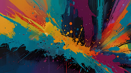 abstract background that mimics a contemporary mixed-media painting, incorporating bold splashes of color, textured elements, and dynamic shapes