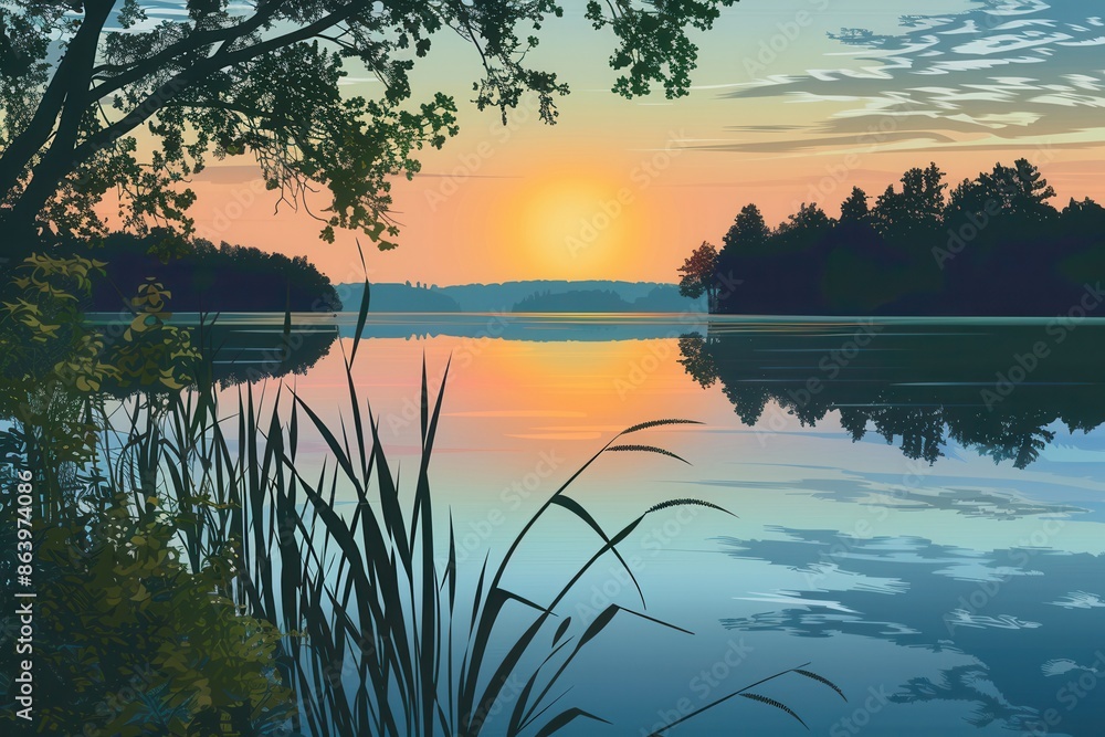 Poster a peaceful scene of a lake with tall reeds lining the shore, the sunset creating a beautiful reflect