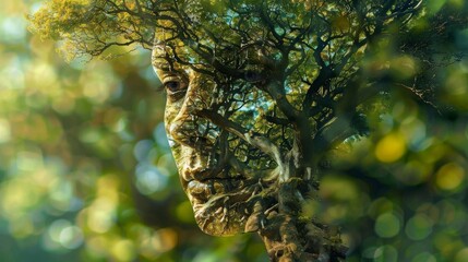 A portrait of a tree with a human face, symbolizing the interconnectedness of nature and humanity, abstract style
