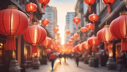 Highlight the festive atmosphere of Chinese New Year with red lanterns lining bustling streets.