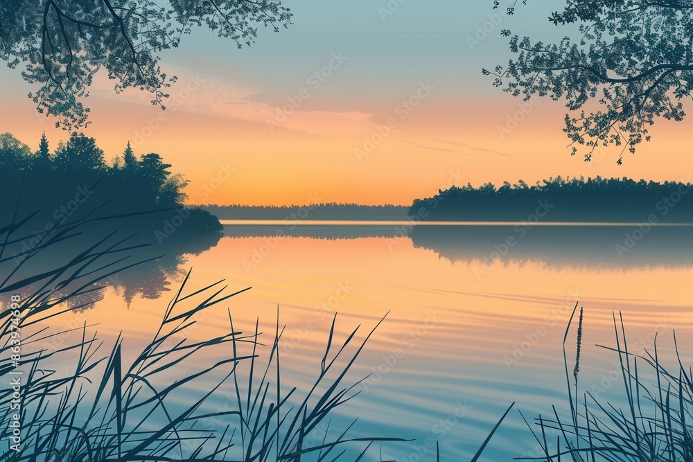 Poster a serene lake scene with the sunset reflected on the water, framed by trees and reeds along the shor