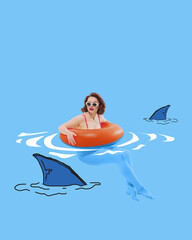 Woman in sunglasses and swimsuit with orange inflatable ring, floating in blue water with...
