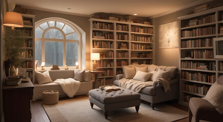 Fototapeta premium The cozy ambiance of a reading nook, with comfortable seating, warm lighting, and a collection of books. Highlight the inviting and peaceful environment 
