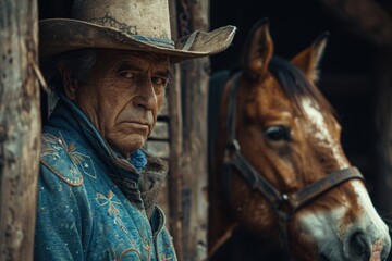 Fototapeta premium Traditional Mexican Charro in Ornate Suit with Silver Embroidery by Wooden Fence