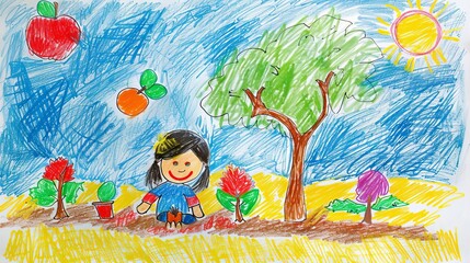 A colorful drawing of a child planting a tree with a big smile, symbolizing hope for the future, childlike style