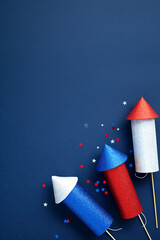 4th of July USA Independence Day celebration poster design with rocket fireworks and confetti on...