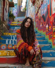 Young Woman Sitting on Colorful Street Art Staircase in Valpara&iacute;so

