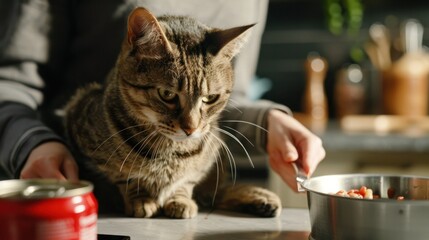 A cat curiously watches as its owner prepares a meal in the kitchen. The domestic scene captures a moment of companionship and everyday life.