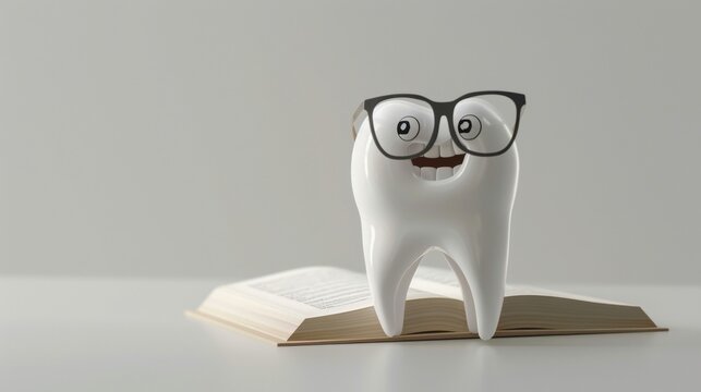 Cute cartoon character of tooth with eyeglasses and book.