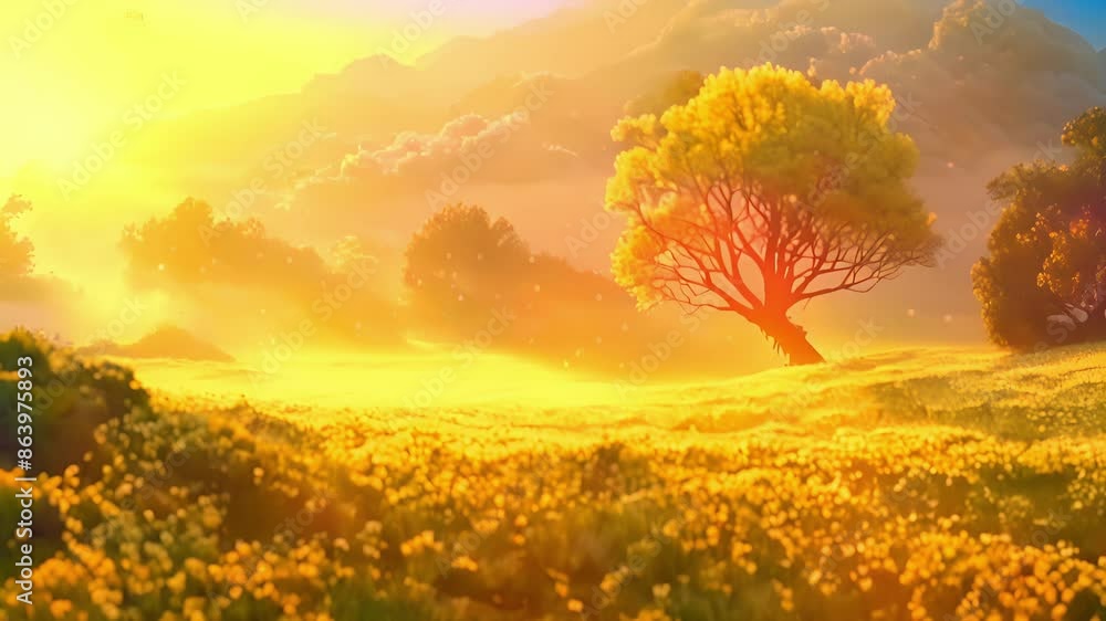 Poster an expansive meadow is blanketed in a soft yellow fog caused by the millions of tiny grains of polle