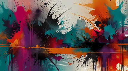 abstract background that mimics a contemporary mixed-media painting, incorporating bold splashes of color, textured elements, and dynamic shapes