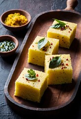Popular Indian dish Traditional Food Sev Khaman Dhokla Served With Green Chutney & Chilli