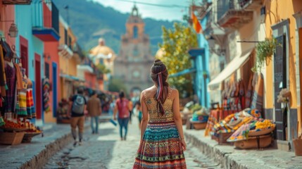 Obraz premium Young Woman in Traditional Huipil Walking Through Bustling Plaza in Oaxaca City