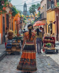 Obraz premium Young Woman in Traditional Huipil Walking Through Bustling Plaza in Oaxaca City