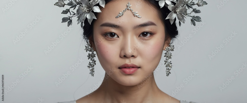 Wall mural asian woman with silver flowers crown on plain white background for banner with copy space - Wall murals