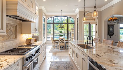 Luxury kitchen in new luxury home with marble island. Northwest, USA