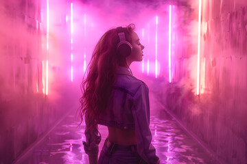 Background room with dancing silhouette of a woman wearing headphones stands against a backdrop of pink neon lights nightlife, capturing the essence of modern electronic music culture