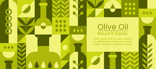 Geometric background with olive oil in bottles, black and green fruits and leaves. Vector abstract banner in minimal style with Mediterranean virgin cooking oil in glass jugs and branches