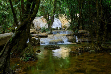 Naklejka premium Scenic view of limestone waterfall in forest 