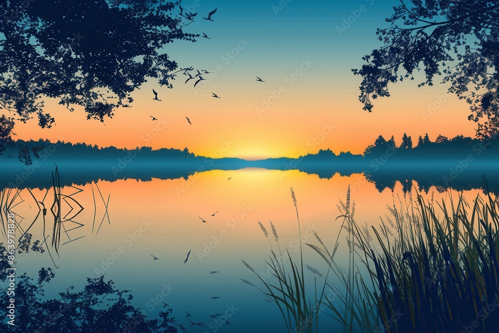Poster a serene sunset over a tranquil lake with reeds along the edge, casting a warm orange glow on the wa