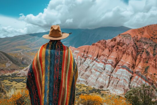 Indigenous Man in Traditional Clothing Standing in Quebrada de Humahuaca

