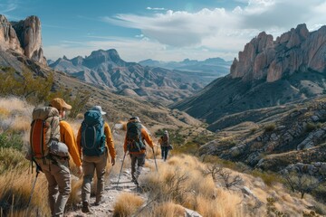 Fototapeta premium Group of Friends Exploring Big Bend National Park with Chisos Mountains