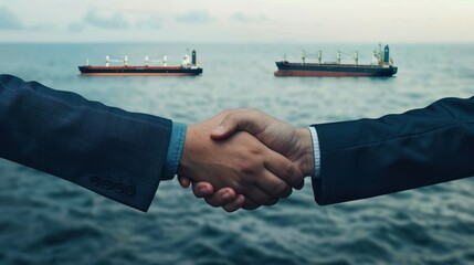 Business handshake over ocean background with two cargo ships, symbolizing maritime trade and international shipping agreements.