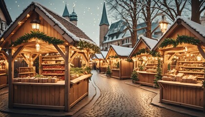 Fototapeta premium Portray the festive charm of Christmas markets in Europe with wooden stalls decorated with twinkling lights and festive ornaments.