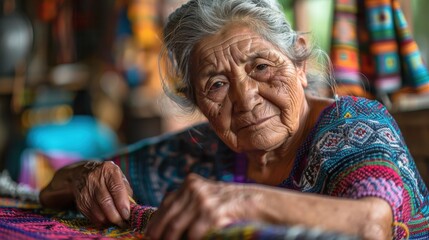 Obraz premium Elderly Woman Weaving Traditional Zapotec Rug in Teotitlán del Valle
