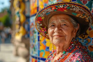 Fototapeta premium Elderly Woman in Traditional Poblana Dress in Historic Center of Puebla