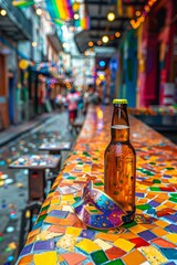 Celebrating gay pride and mardi gras with a bottle of beer and a colorful mask on a bar