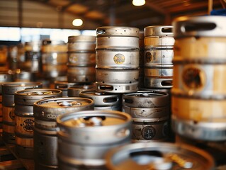 Rows of stainless steel beer kegs stacked in warehouse