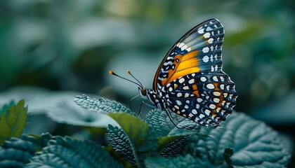 Obraz premium Butterfly on green leaf with bokeh background, macro