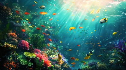 Naklejka premium Vibrant underwater scene with colorful fish and coral illuminated by sunlight in a tropical ocean.