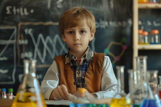 boy doing laboratory work experiments against the background of a chemistry classroom
