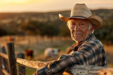 Elderly Rancher in Texas Hill Country by Wooden Fence at Golden Hour

