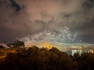 Panoramic night view of the city of Valetta, Malta right after fireworks.