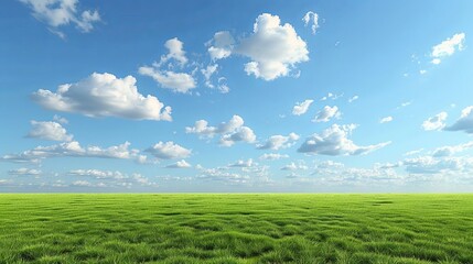An empty green grass field with blue sky and white clouds
