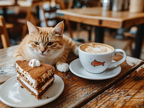 Ginger cat sitting on table with cup of coffee and slice of tiramisu cake