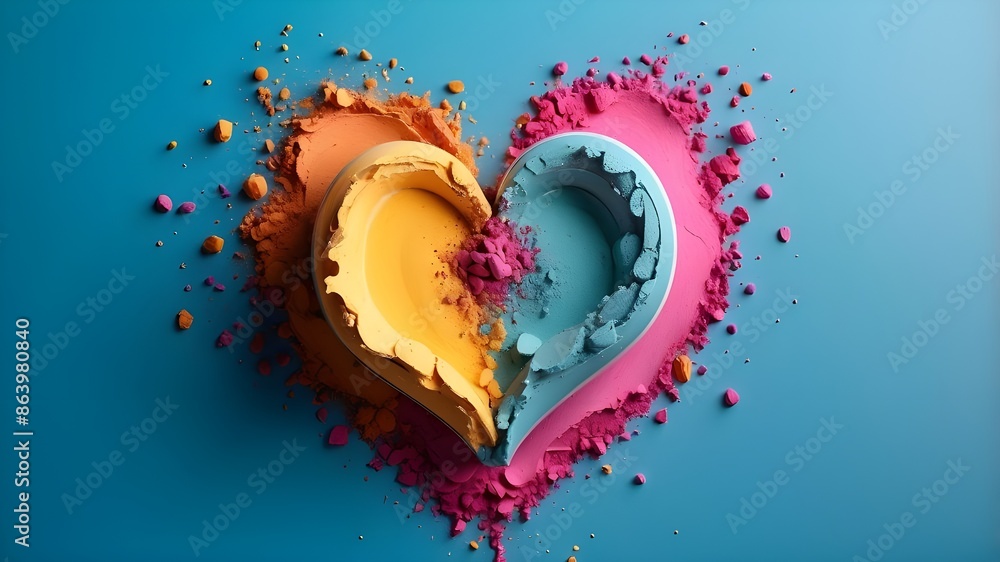 Poster cosmetics powder in vibrant hues exploded in the form of a heart with copy space.