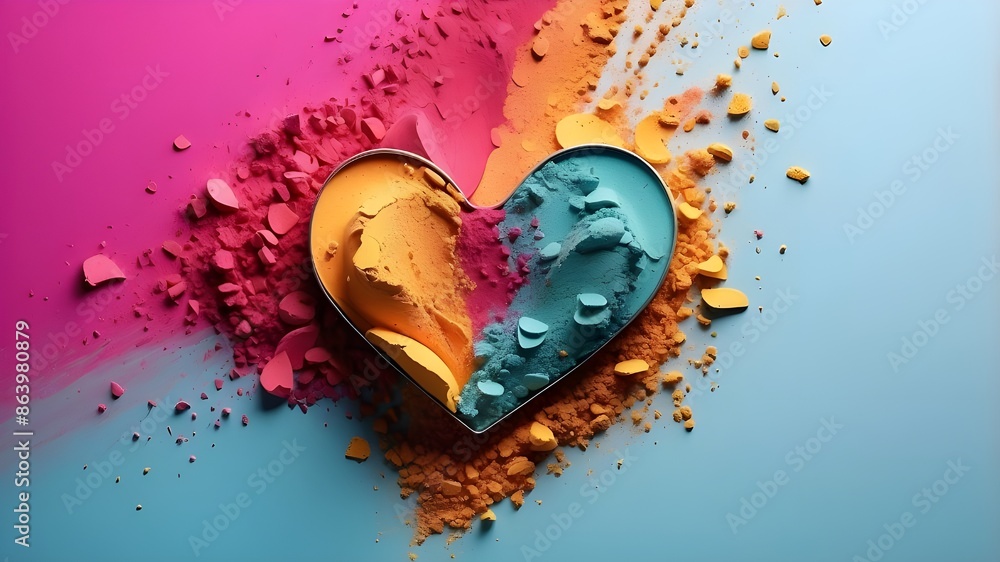 Poster cosmetics powder in vibrant hues exploded in the form of a heart with copy space.