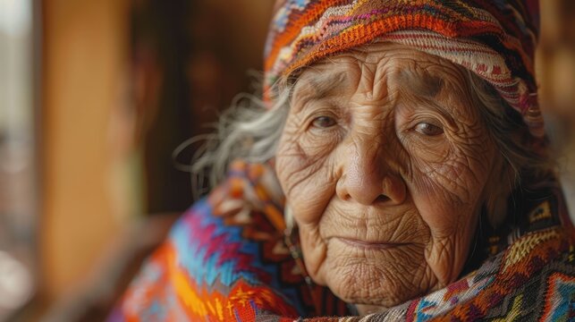 Elderly Mapuche Woman Weaving Blanket in Traditional Attire in Temuco

