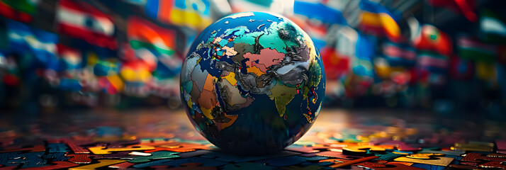 globe surrounded by flags of different countries, representing the diverse geopolitical landscape. 