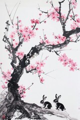 Fototapeta premium Traditional Chinese ink art painting of rabbit and blossom tree.