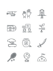 Hand, Helicopter, Jam, Judge, Mirror, Oxygen, Planet, Planet, Pomade, set of icons, vector illustration