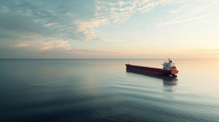 Obraz premium Tranquil scene of a large cargo ship sailing on calm sea waters during a serene sunrise, with clear skies and beautiful horizon in the background.