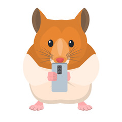 Hamster with a phone. Animal is playing a game on a smartphone, vector illustration