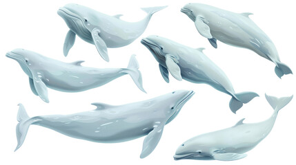 Obraz premium Illustration of six white whales swimming in different directions in isolated on transparent background, showcasing their elegance and movement.