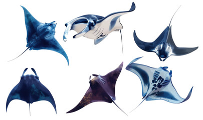 Collection of six colorful manta rays in isolated on transparent background, showcasing underwater marine life and vibrant oceanic creatures